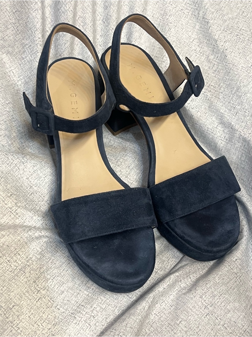 M. Gemi Navy Suede Sling Block Heel Sandals 38.5 Made in Italy